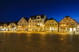 Illuminated buildings at the market, Neuer Markt, Blue Hour, Waren, Mueritz, Mecklenburg Lake