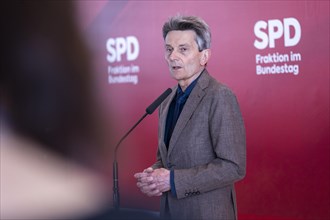 Rolf Muetzenich, SPD parliamentary group leader, recorded as part of a press statement in front of