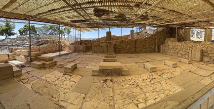 Panoramic view of remains of megaron with vestibule connected main room of chambers of king In