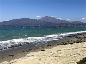 View from Kalamaki beach to the northwest to mountains with 900 metres high peak of Mount Vouvala,