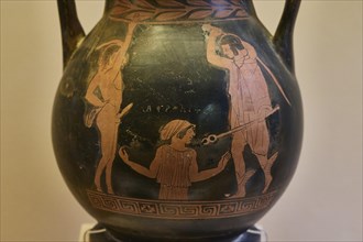 Antique Greek jug with figures and a scene, designed in black and red, Birth of Aphrodite,