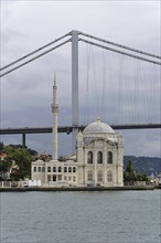 Detailed view of a mosque in front of a bridge and the sea, Istanbul, Istanbul Province, Turkey,