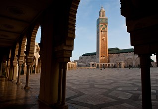 Courtyard and minaret of the Hassan II mosque, Casablanca, Morocc