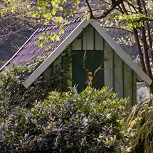 Small garden house with deer antlers in Unterburg, Solingen, Bergisches Land, North