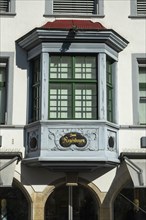 Historic house facade and decorated bay window in the old town of Schaffhausen, Canton of