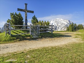 Hoher Goell with cross, Rossfeld panoramic road, Rossfeld, Berchtesgaden, Bavaria, Germany, Europe