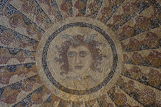 Fine gold-coloured mosaic of a sun face from antiquity, head of Medusa, interior view, Grand