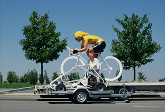 Statue of a cyclist wearing the yellow jacket during the Tour de France, France, Europe