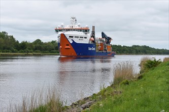 Cable carrier, special ship, ship Nexus in the Kiel Canal, Kiel Canal, Schleswig-Holstein, Germany,