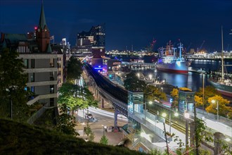 Night view with ships, Elbe Philharmonic Hall and S-Bahn station, Hamburg, Germany, Europe