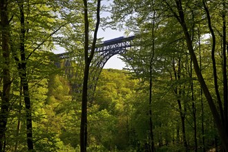 View from the forest to the Muengsten Bridge with railway, the highest railway bridge in Germany