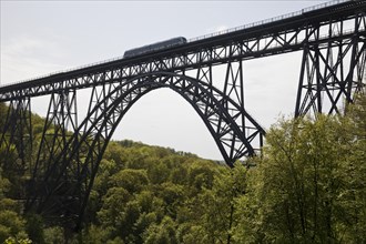 Muengsten Bridge with diesel railcar, highest railway bridge in Germany, Solingen, Bergisches Land,