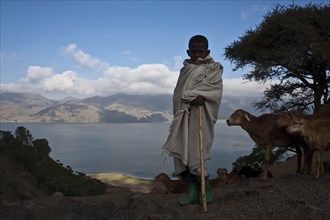 Boy working as a shepherd, Lake Hashenge in the background, Tigray state, Ethiopia. The boy is