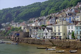 Front of houses stretching up a hilly landscape, boats by the sea, Dartmouth, Devon, Great Britain