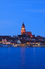 Town view of Lake Mueritz with St Mary's Church, Blue Hour, Waren, Mueritz, Mecklenburg Lake