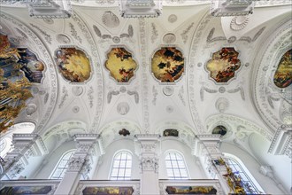 Vaulted ceiling with frescoes, former monastery church of St. Peter and Paul, Irsee monastery or