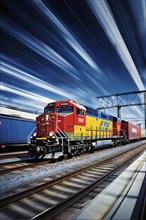 High speed freight train blazing through with vibrant inter modal container, AI generated