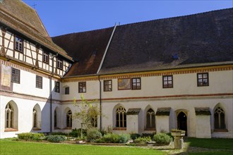 Herb garden in the inner courtyard, cloister, Blaubeuren Monastery, Swabian Alb,