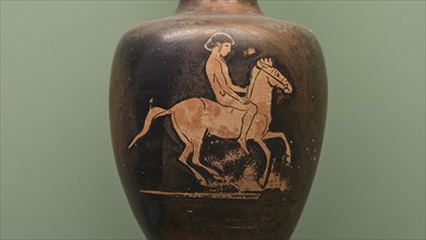 Greek antique vase depicting a rider on a horse, interiors, Archaeological Museum, Old Town, Rhodes