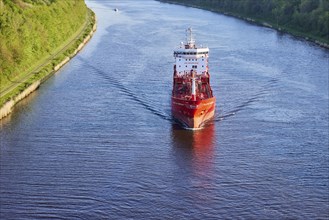 Bird's eye view of the tanker Aleyna Mercan on the Kiel Canal near Beldorf, Rendsburg-Eckernfoerde