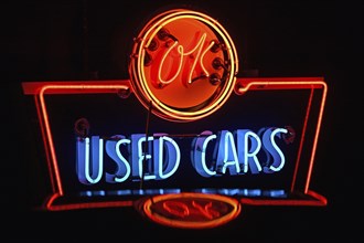 Neon lettering Used Cars, Route 66, Bar, Chandler, Oklahoma