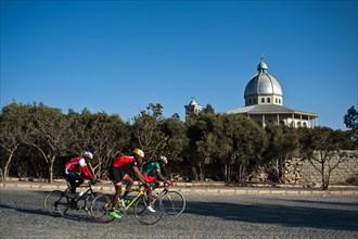 Training session for cyclists, orthodox church in Tigray state, Ethiopia, Africa