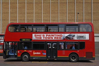 Red English double-decker bus at the bus stop, Tooting Broadway, London, England, Great Britain