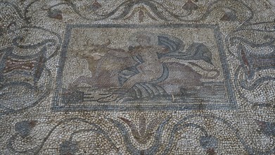 Ancient floor mosaic depicting the abduction of Europa by Zeus in the form of a bull, complex stone