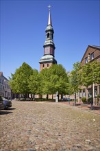 Market square and St Laurentius Church in Toenning, North Friesland district, Schleswig-Holstein,