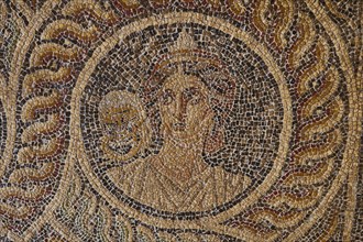 Thaleia, the blossoming muse, the muse of comedy, comic mask, one of the nine muses, antique mosaic