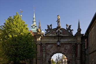 Castle portal with the town hall spire, Bueckeburg Castle, Bueckeburg, Lower Saxony, Germany,
