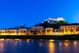 Hohensalzburg Fortress, Salzburg Cathedral, Old Town, Salzach, Blue Hour, City of Salzburg,