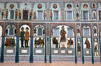Decorated outer wall of a school, mural painting in the Shekhawati region, Rajasthan, India, Asia