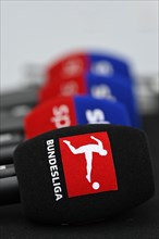 Various microphones, microphones, logo, Bundesliga, SKY, lying on table, PreZero Arena, Sinsheim,