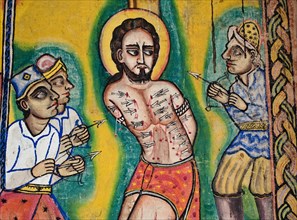 Jesus Christ crucifixion, mural painting in an orthodox monastery, Ura Kidanemeret monastery, Lake