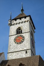 Bell tower of the town church of St John in the old town of Schaffhausen, Canton of Schaffhausen,
