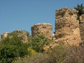 Ancient stone ruins of walls and towers, partly overgrown with plants, Tunis in Africa with ruins