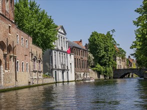 Water canal lined with buildings and trees with a bridge in the background, historic house facades