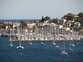 Harbour town with numerous sailing boats and houses on green hills, la seyne sur mer, france