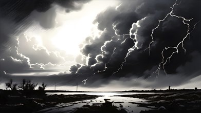 Illustration of a apocalyptic thunderstorm with end of the world scenario featuring lightning