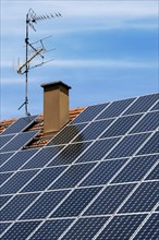 Roof with solar panels, chimney and antenna, Allgaeu, Bavaria, Germany, Europe