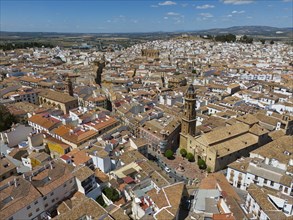 Historic Spanish town with densely packed houses and terracotta-coloured roofs under a sunny sky,