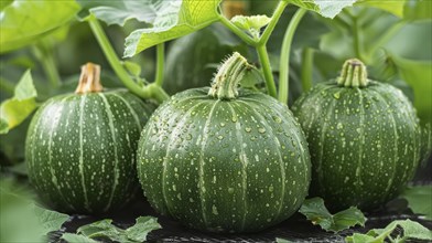 Green pumpkins with water droplets and leaves in a garden setting, AI generated