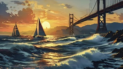 Vintage grungy poster of sailboats with sunset and bridge in background, AI generated