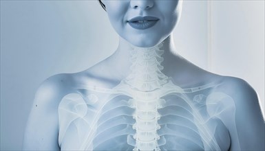 X-ray image of a woman with visible chest and spine against a blue background, AI generated, AI