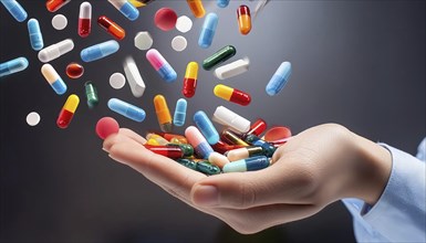 Hand catches a plethora of colourful tablets and capsules in motion against a blue background, AI