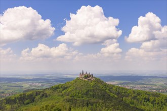 Hohenzollern Castle near Hechingen, blue cloudy sky, Zollernalbkreis, Swabian Alb,