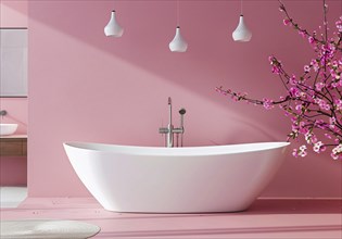 Pink bathroom Interior with a modern modern bathtub, AI generated