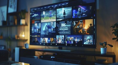 Digital streaming platform with movies and series on large TV screen, AI generated
