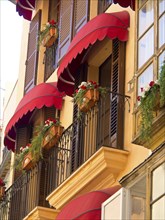 Buildings with red awnings, flowers and decorative balconies, palma de Majorca with its historic